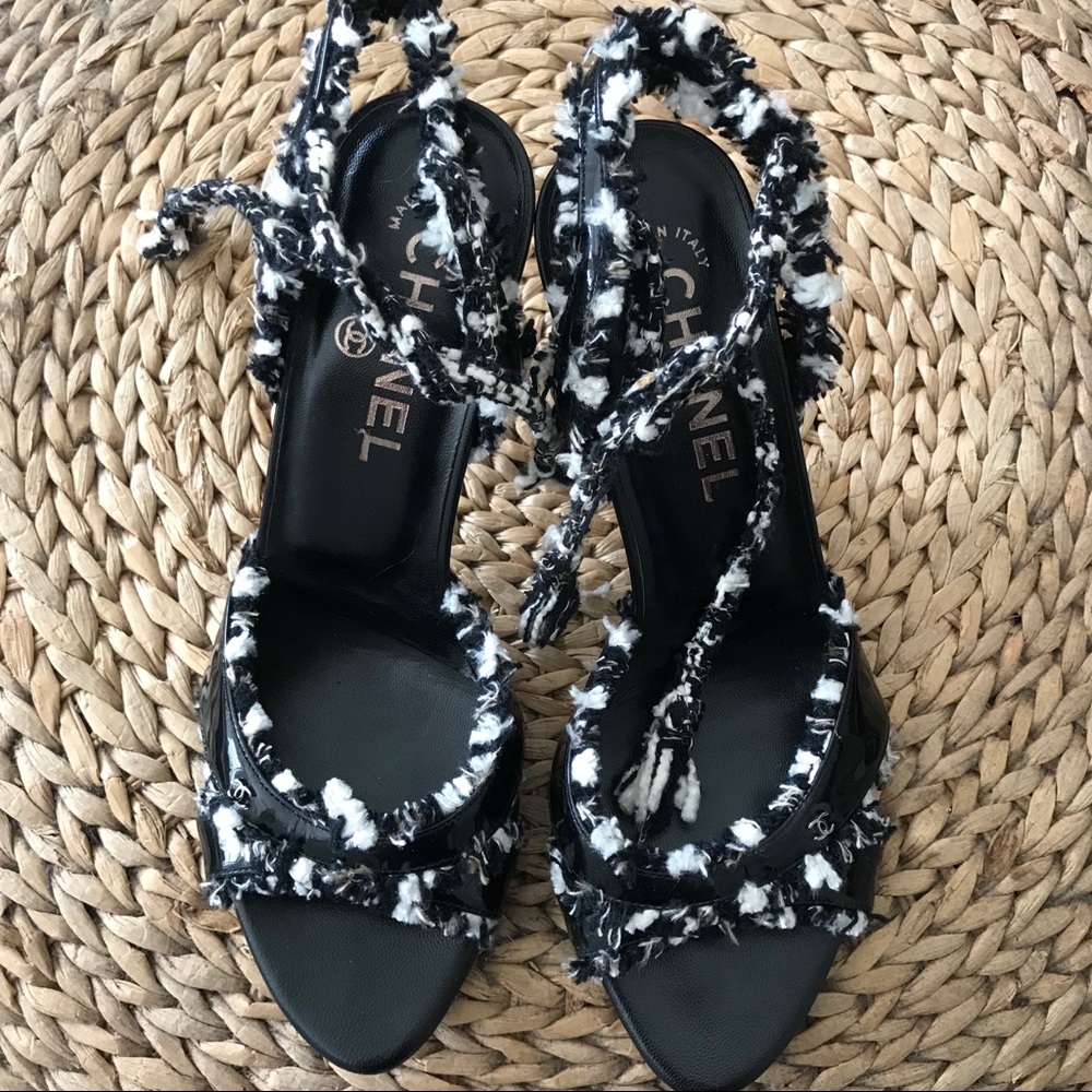 CHANEL Peep Toe Slingback Heels Tweed Ankle Strap - Picture 4 of 8